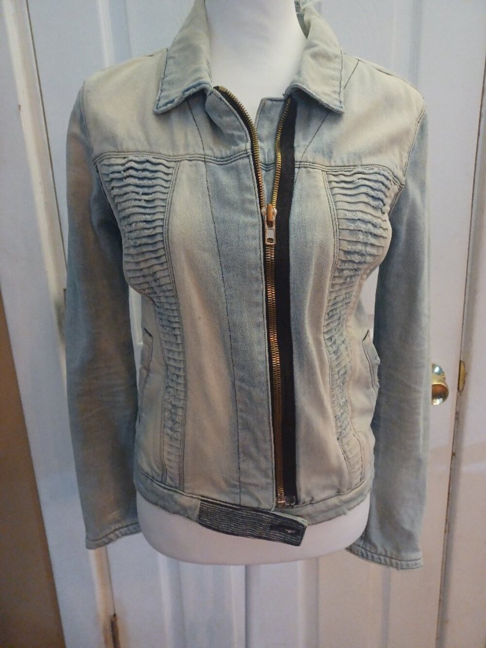 RtA Road to Awe Jett Moto Denim Jacket Shredded Pleated Zip Front Distressed